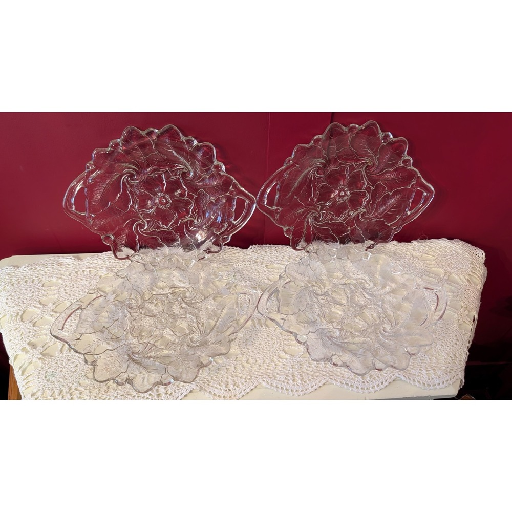 Set 4 Vintage Indiana Glass Wild Rose Clear Handle Serving Platter 12"x10" Plate
